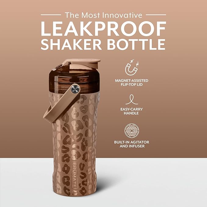 BrüMate MultiShaker Blender Bottle, 26oz (Gold Leopard, Stainless Steel), Insulated Protein Shaker and Pre Workout Bottle for Gym Use
