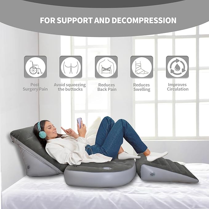 Nevife Inflatable 3pcs Bed Wedge Pillow Set with Hole-Reading Pillow&Back Support,Leg Pain Relief,Adjustable Pillows for Acid Reflux,GERD,Sleeping,Leg,Back Support-Restful Sleep and Travel (Gray)