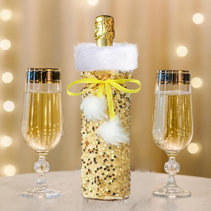 VIDELLY 3 Pack Christmas Wine Bottle Covers, Glitter Wine Bear Bottle Bag for Christmas Birthday Wedding Party Bottle Decoration
