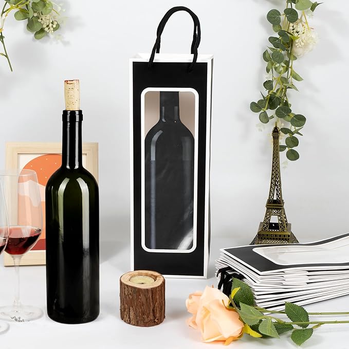 Cyblinia 20 Pack Wine Gift Bags Kraft Paper Wine Bags with Window Wine Bottle Bags 14.2 x 4.9 x 3.4 Inch Paper Gift Bags Party Bags for Wine Bottles,Gifts, Wedding Party