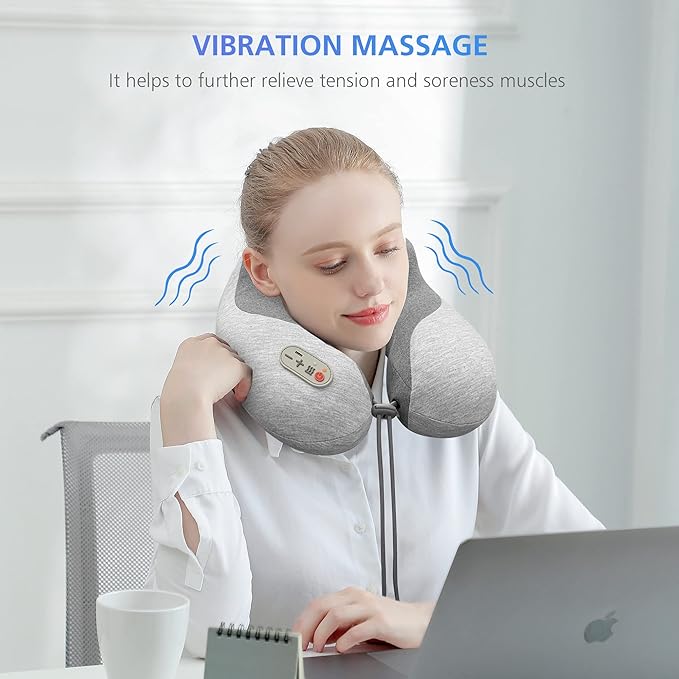 COMFIER Cordless Travel Pillow with Vibration Massager,Travel Neck Massage Pillow with Heat for Neck, Lightweight Memory Foam Neck Pillow,Head Support Soft Pillow for Airplane,Office