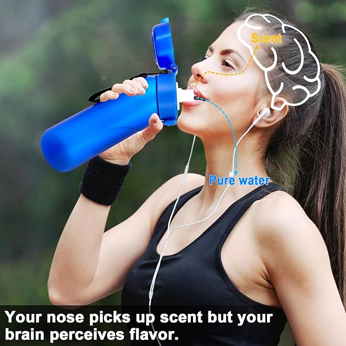 Air Water Bottle with 8 Flavor Pods, Flavored Water Bottle,650ML Large Capacity Drinking Bottle,Sports Water Cup with Straw Suitable for Gym and Outdoor Games(BLUE)