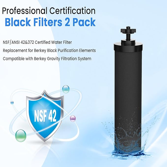 Black Filters by NSF/ANSI 42 Certified, Replacement for BB9-2® Purification Elements Filters, Compatible with Berkey Gravity Filtration System, Replacement for Berkey Black Filters 2 Pack