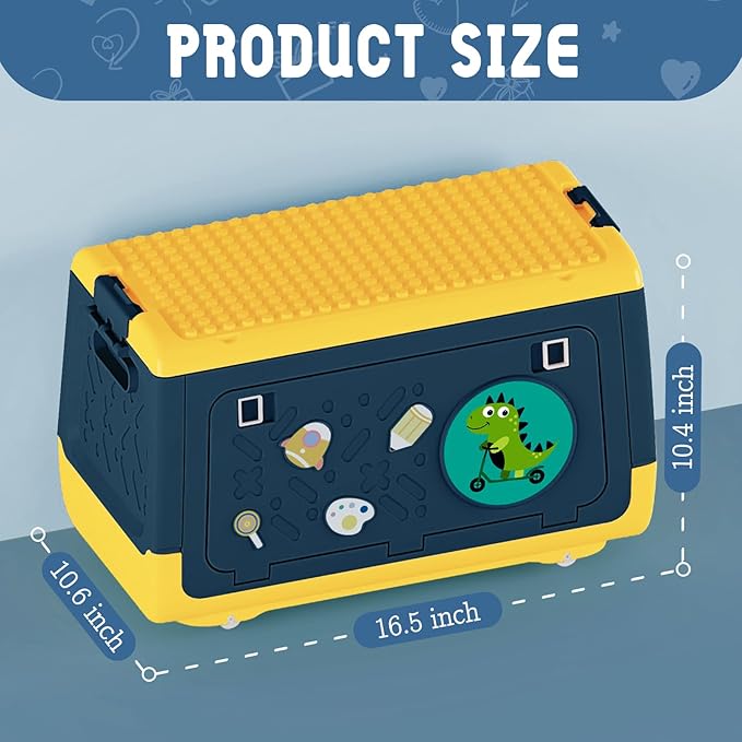 Toy Box Chest with Lid, Dinosaur Collapsible Storage Organizer for Kids Boys Girls, Plastic Stackable Toddler Toy Bins with Building Block Lid (Blue)