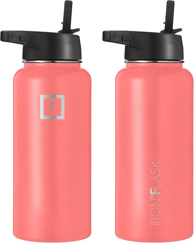 Iron Flask Sports Water Bottle - 32 Oz, 3 Lids (Straw Lid), Vacuum Insulated Stainless Steel, Hot Cold, Modern Double Walled, Simple Thermo Mug, Hydro Metal Canteen (Peach)