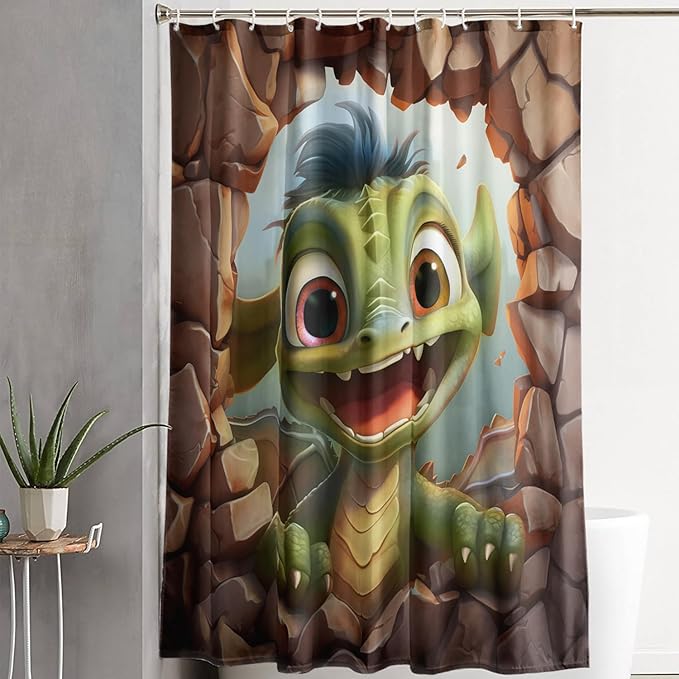 AILONEN Cartoon Dinosaur Shower Curtain for Kids,Funny Green Dinosaur Shower Curtain for Bathroom,Girls,Cute Animal Shower Curtain Set with Hooks,36" W*72" H