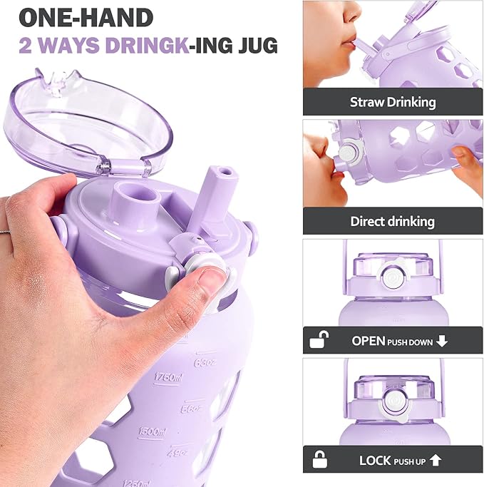 MUKOKO Half Gallon/64 oz Glass Water Bottles with Straw and Lid,Motivational Water Jug with Time Marker Reminder and Silicone Sleeve,100% Leakproof BPA Free Fitness Sports Large Bottle-Purple