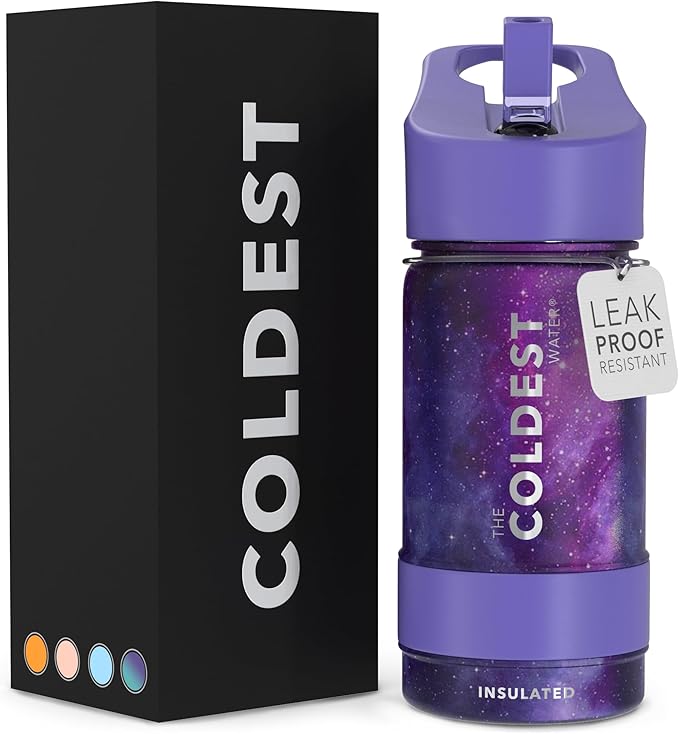 Coldest Sports Water Bottle - Straw Lid Bottle with Handle Leak Proof, Vacuum Insulated Stainless Steel, Double Walled, Thermo Mug, Metal | Astro Purple 14 oz