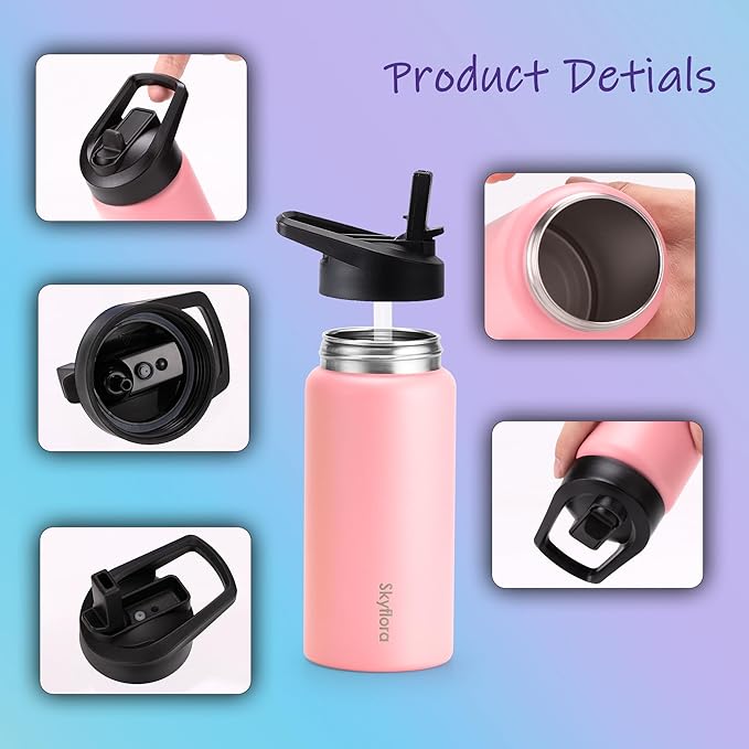 Kids Water Bottle with Straw 2 Pack, 16oz Water Bottles Bulk, Single Wall 18/8 Stainless Steel, Dishwasher Safe & Leakproof, Reusable Gift for Girls Boys to School Sports Travel Camping, Lemon & Pink