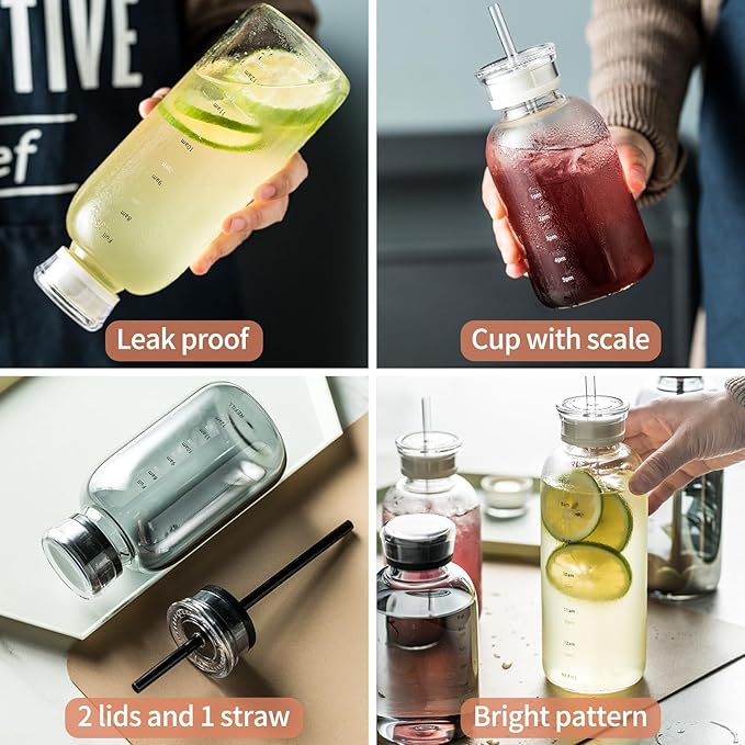 Glass water bottle With Time Marker -15oz with 2 caps and straw,Reusable Glass Drinking Bottles，Suitable For Drinks, Juices, Sodas, Coke, As Gifts Etc (Smoky 15oz)