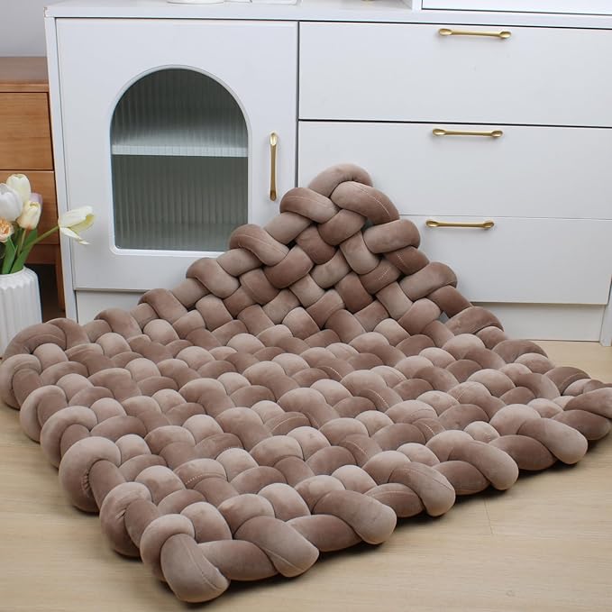 XHJRI Thickened Braided Knot Seat Mat, Knotted Floor Decorative Cushion, Handmade Baby Infant Playing Pad Nursery Rug (27.5 * 31.5 Inch,Brown)