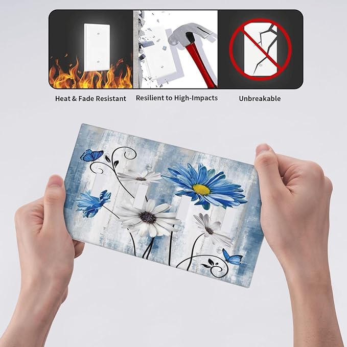 Rustic Teal Blue Daisy Floral Farmhouse Quad Toggle Light Switch Covers 4 Gang Wall Plate Decorative Switchplate Electrical Faceplate for Country Bathroom Bedroom Kitchen Decor