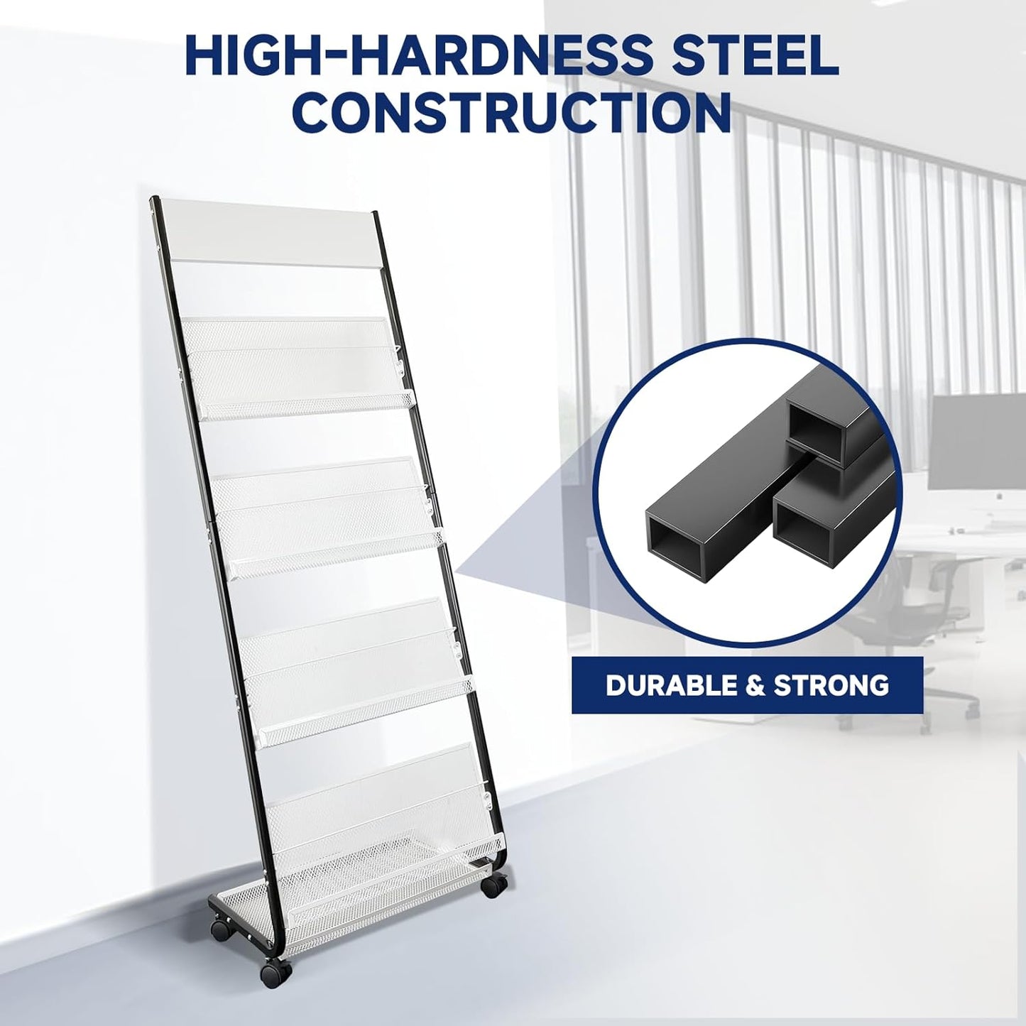 4-Tier Floor-Standing Magazine Rack with Wheels – Perfect Brochure Display Stand for Exhibitions, Offices, and Information Hubs (Black-White)