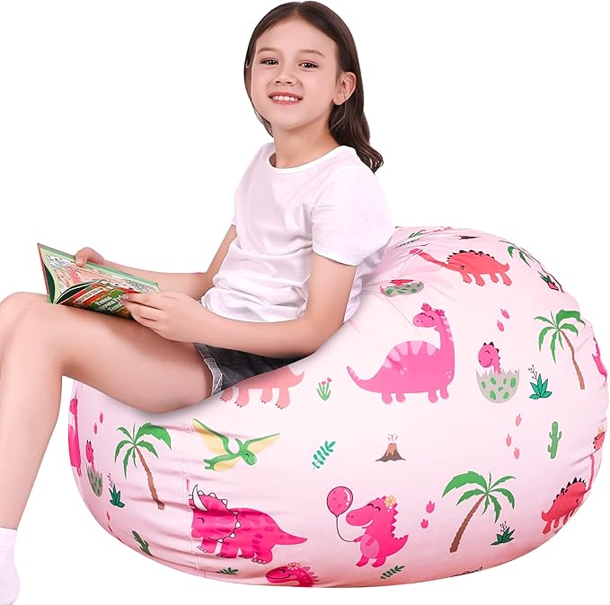 Lukeight Stuffed Animal Storage Bean Bag Chair Cover for Kids, Dinosaur Zipper Beanbag Chair Cover for Organizing Toddler and Kids' Rooms Plush Toys (Dinosaur Blush, Large)