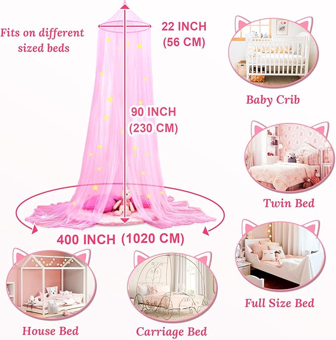 South to East Princess Bed Canopy for Girls with Glowing Stars, Pink Canopy for Girls Room, Bed Canopy Curtains from Ceiling for Twin Beds, Full Size Beds, Ideal Gift for Girls, Fire Retardant Fabric
