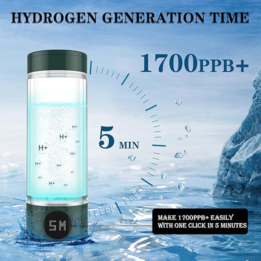 Hydrogen Water Bottle, Hydrogen Water Generator 1700+PPB Fourth Generation SPE PEM Technology, Portable High Borosilicate Glass Hydrogen Water Generator Quick Electrolysis