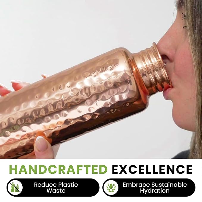 Copper Water Bottle for Drinking - Hammered Pure Copper Water Bottle with Leak Proof Lid, Removable Insulating Sleeve & Copper Straw - Handcrafted Copper Bottle for Men & Women 32 fl oz