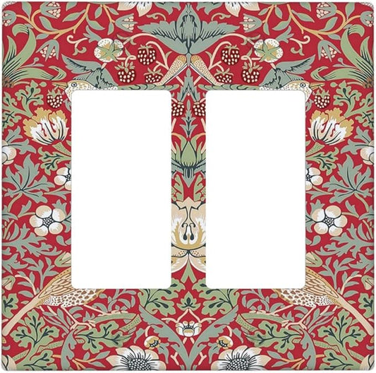 William Morris Strawberry Thief Botanical Red Green 2 Gang Rocker Decora Light Switch Covers Dual Outlet Covers Wall Plate Decorative Switchplate Electrical Faceplate GFCI for Country Bedroom