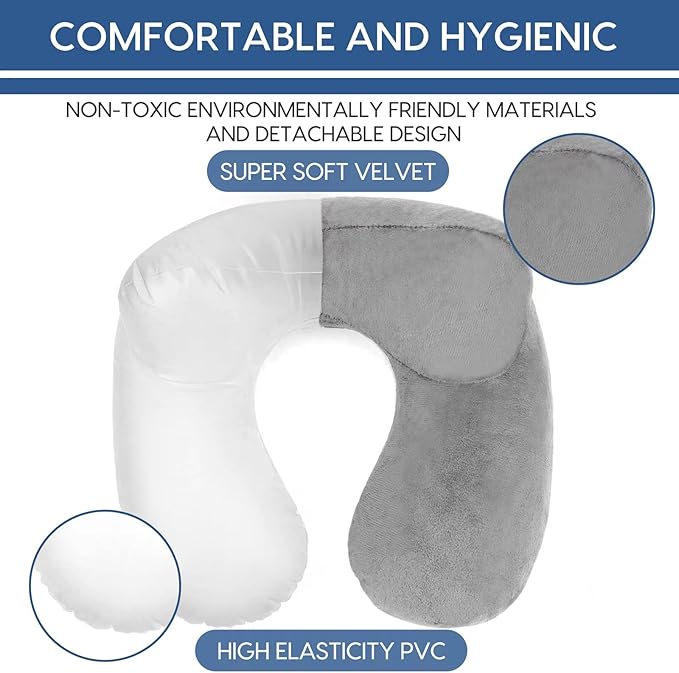Inflatable Travel Pillow for Airplane Inflatable Neck Pillow for Traveling with Soft Velvet Washable Cover for Sleeping, Airplane,Train, Car, Office, Contoured Eye Masks, Earplugs