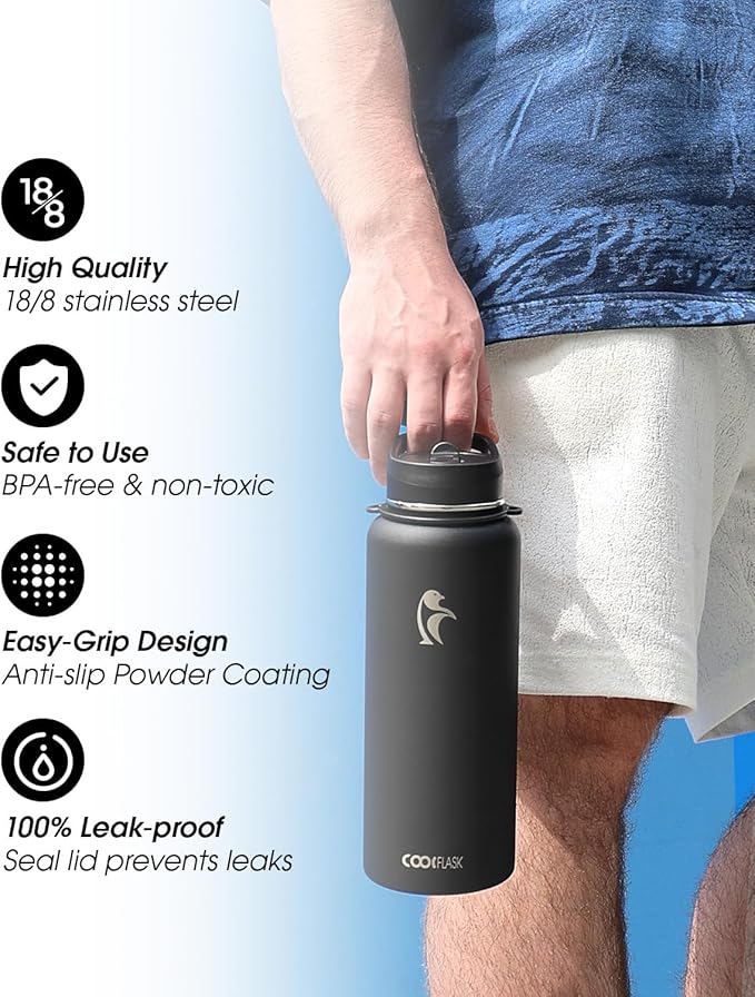 Coolflask 40 oz Water Bottle with Strap, Insulated Metal Water Flask with Straw & Spout Lids, Stainless Steel Double Wall Vacuum, Keep Cold 48h Hot 24h, Leak Proof & Non-BPA, Magic Black