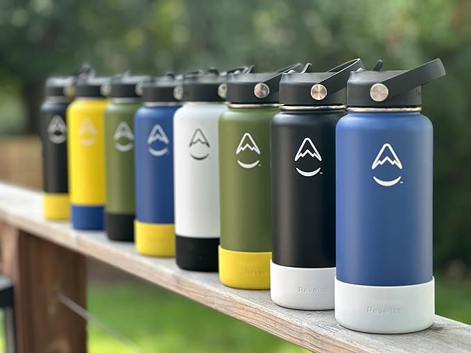 Revelist Sports Water Bottle - 32 Oz, 3 Lids (Straw Lid, Spout & Screw Top) with Boot, Vacuum Insulated Stainless Steel, Double Walled, Reusable Water Flask, Metal Canteen - Yellow & Black