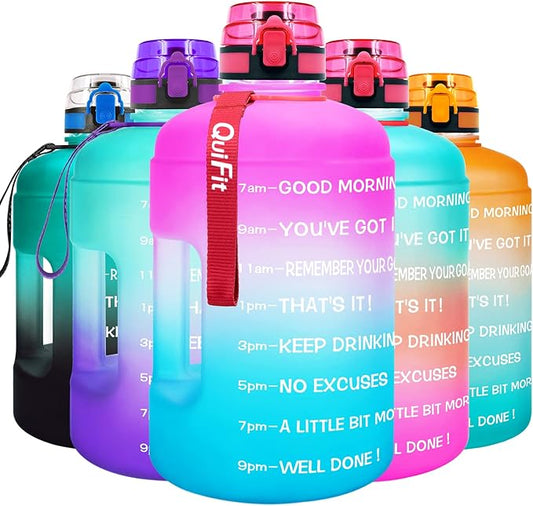 QuiFit 1 Gallon Water Bottle - 128 oz Water Bottle with Times to Drink - BPA Free Motivational Water Bottle with Infuser - Large Water Bottle - Sports Water Bottle 1 Gallon in Gym(Pink/Blue, 1 Gallon)
