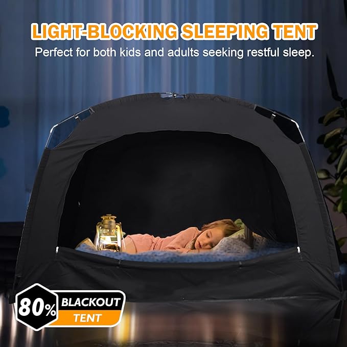 Bed Tent - Portable Indoor Privacy Dream Tents Bed Canopy for Kids and Adults, 80% Blackout Sleeping Tents for Bed, Breathable Privacy Space with 2 Doors，Phone & Pad Holders Inside