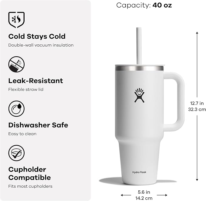 Hydro Flask Travel Tumbler Stainless Steel Vacuum Insulated Tumbler with Lid and Straw for Cold Water and Drinks for Sports, School, Work, Car, Travel, Weekends