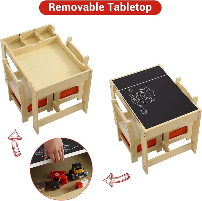 4-in-1 Kids Activity Table Set, Kids Table and Chair Set with/Storage, Removable Tabletop, Chalkboard, 3-Piece Toddler Furniture Set for Art, Crafts, Drawing, Reading, Playroom
