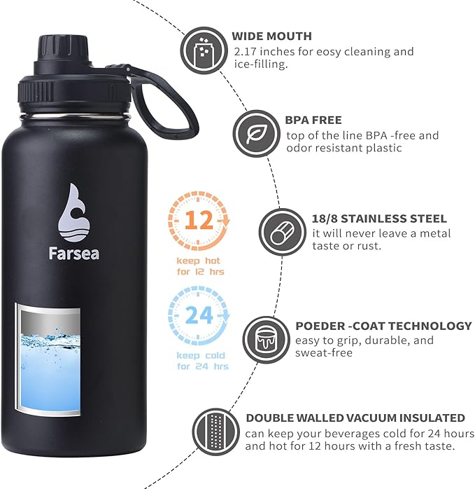 Farsea Insulated Water Bottle With Paracord Handle, Protective Boot and 2 Lids (Straw Lid & Spout Lid), Stainless Steel Water Bottle Wide Mouth, Double Wall Sweat-Proof BPA-Free, 32 oz