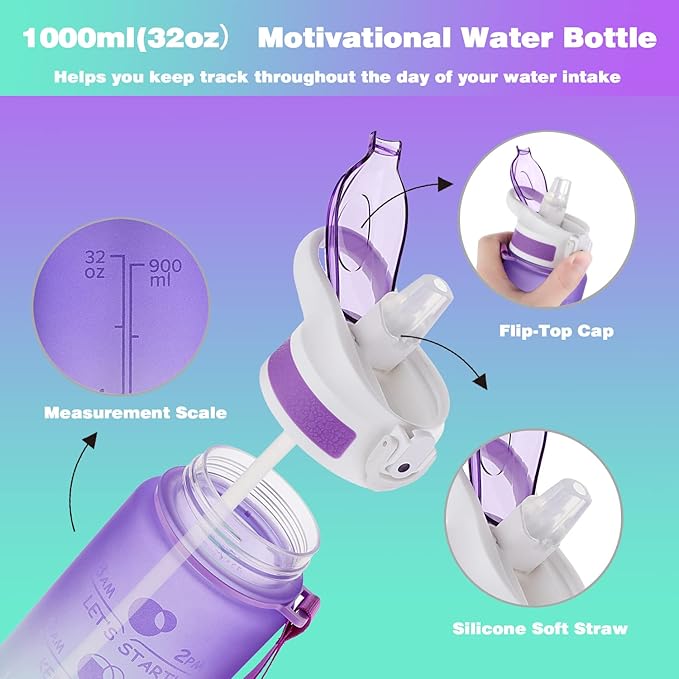 Prometheuz 32oz Water Bottle with Straw, Motivational Water Bottle with Time Marker, Water Bottles Leakproof & BPA-Free for Sports, Work and Fitness Purple Mint