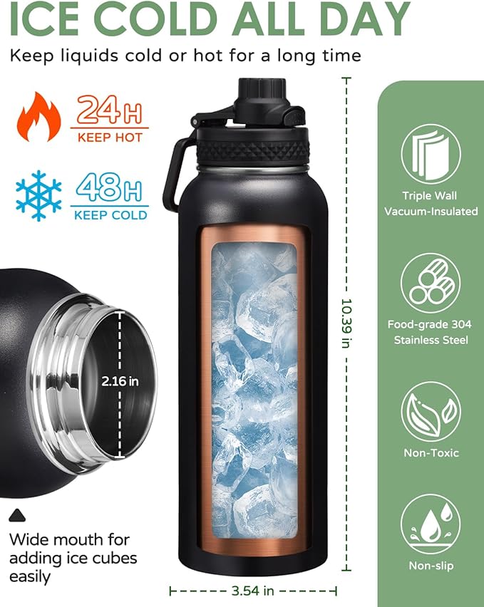 Insulated Water Bottle 40oz - with Straw & Auto Spout Lid, Paracord Handle, Shoulder Carrier Bag,40 oz Hydro Jug Great for Sport Travel Gym Hiking Biking