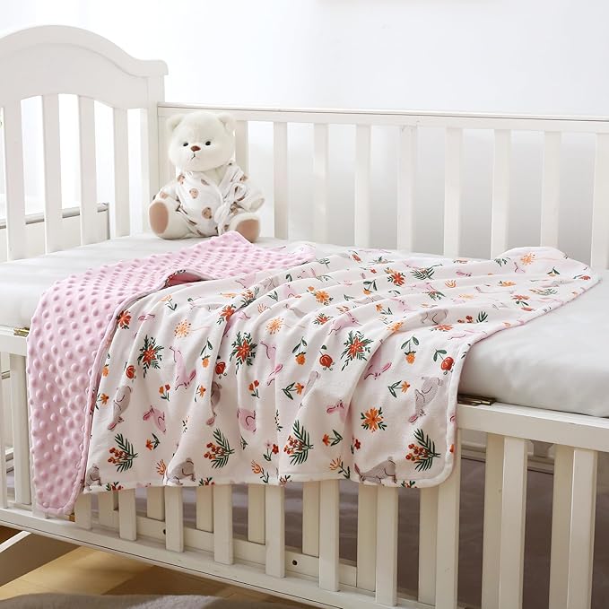 DaysU Silky Micro Soft Plush Baby Blankets for Girls with Print Rabbit Pattern and Soothing Raised Dots, Double Layer Bed Throws for Baby Crib, Rabbit, Pink, 30x40 Inches