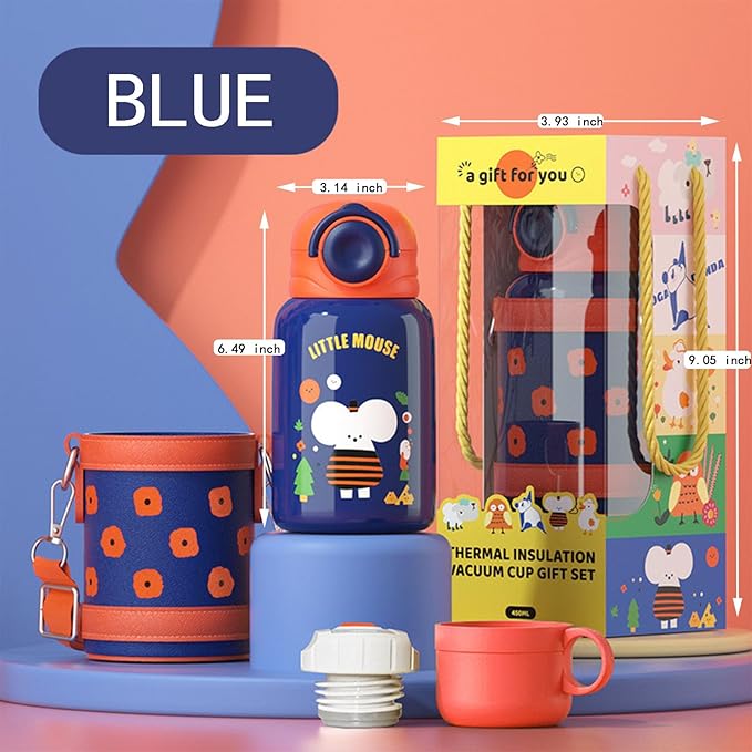 Cute Water Bottle with Sleeve and Straw, Kawaii and Vacuum Insulated Stainless Steel Metal Water Jug for School Camping Sports Travel (BLUE)