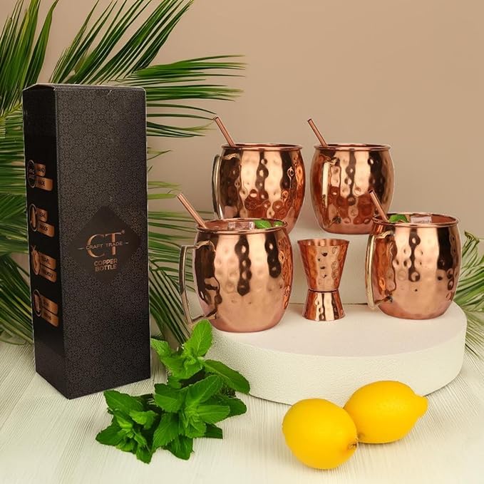 Moscow Mule Copper Mugs - Set of 4 Mug with Shot Glass 100% Handcrafted 16 oz Set with Premium Quality Cocktail Copper Straws and Jigger! - Pure Solid Mugs 4 Perfect Cocktail Mug