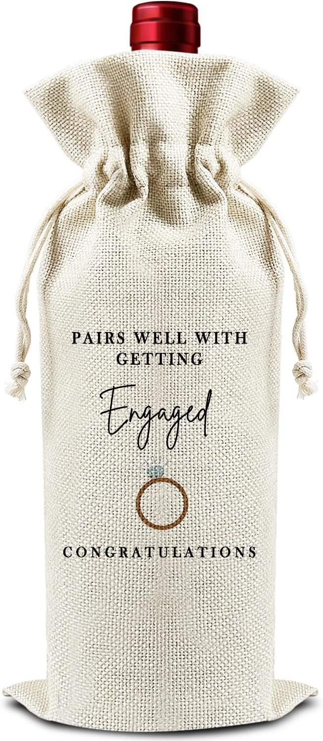 Pairs Well with Getting Engaged - Gifts for Couples Wine Bags, 1 PC Reusable Drawstring Burlap Wine Bottle Bags, Engagement Gifts for Bride Groom, Wine Accessories Engagement Party Favors -06