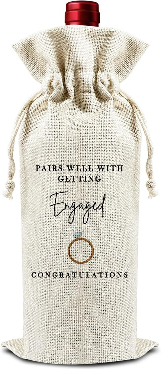 Pairs Well with Getting Engaged - Gifts for Couples Wine Bags, 1 PC Reusable Drawstring Burlap Wine Bottle Bags, Engagement Gifts for Bride Groom, Wine Accessories Engagement Party Favors -06