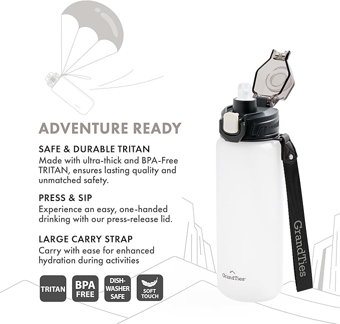 GRANDTIES Sports Tritan Plastic Water Bottle with Straw, Removable – Leakproof BPA Free Dishwasher Safe Travel Water Bottle with Strap for Gym, Outdoor, Fitness (Frosted Snowy White, 28oz (800mL))