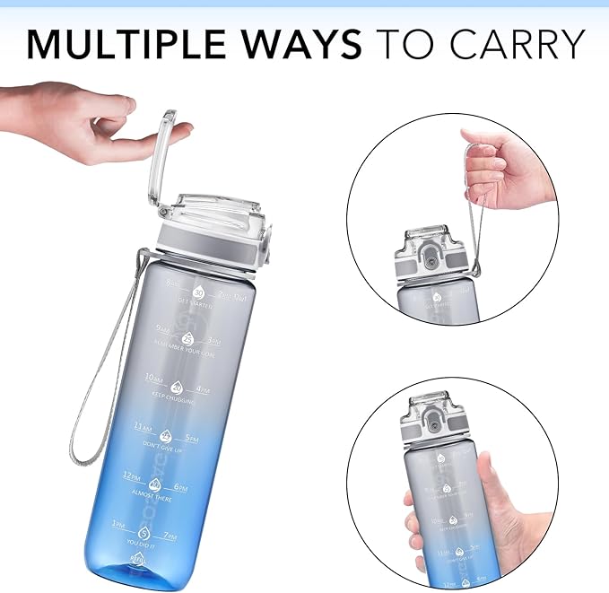 GOSWAG Water Bottles, 32 oz Motivational Sports Water Bottle with Straw and Time Marker to Remind You to Drink, Comes with Carry Strap, Leakproof