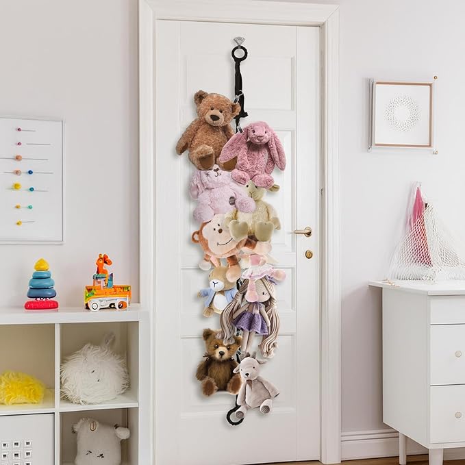 Stuffed Animal Storage Chain 80 Inch, Munzong 4pcs Black Hanging Stuff Animals organizer, Cotton Toy Display Chain with 80 Clips, Toys Organizers Holder for Toddler Kids Nursery Room Wall Corner Decor