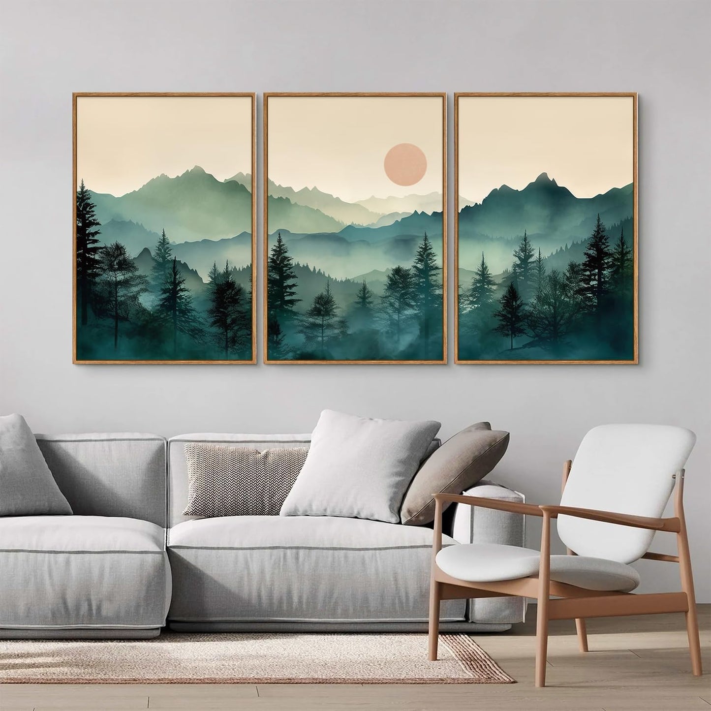 SIGNINART Large Mountain Framed Canvas Wall Art Set, Abstract Misty Forest Wall Decor, Foggy Nature Pine Tree Wall Painting, Modern Boho Sunrise Art Prints for Bedroom Living Room and Office 24"x36"x3