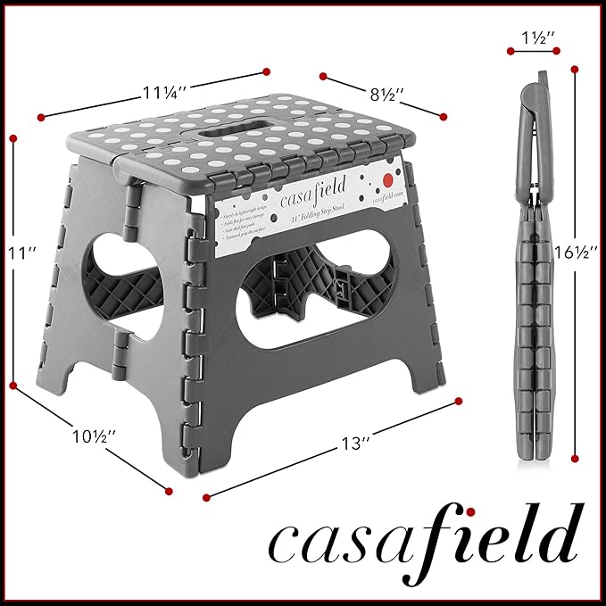 Casafield 11" Folding Step Stool with Handle, Gray - Portable Collapsible Small Plastic Foot Stool for Kids and Adults - Use in The Kitchen, Bathroom and Bedroom