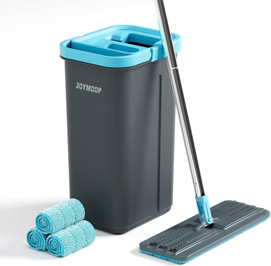 JOYMOOP Mop and Bucket Set with Wringer, with 3 Reusable Microfiber Mop Pads, Mops for Floor Cleaning and Wall Cleaning, Hands-Free Flat Mop for Home Use - Grey+Cyan Blue