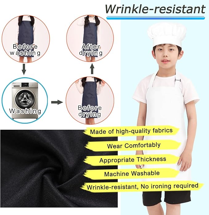 Kids Apron Chef Hat Set for Boys and Girls Adjustable Neck Strap Hook and Loop Fastener Design Waistband for Baking