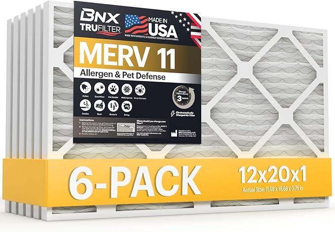 BNX TruFilter 12x20x1 Air Filter MERV 11 (6-Pack) - MADE IN USA - Allergen Defense Electrostatic Pleated Air Conditioner HVAC AC Furnace Filters for Allergies, Dust, Pet, Smoke, Allergy MPR 1200 FPR 7