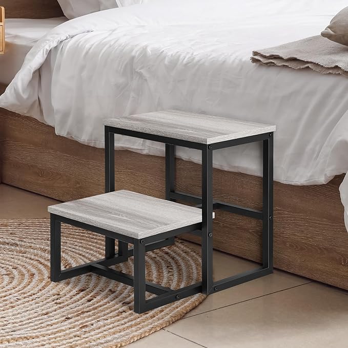LIANTRAL Step Stools for Adults Kids, 3 in1 Heavy Duty Sturdy Two Step Stool, Supports Up to 500lb, Wooden Board Metal Frame, Foot Stool for High Bed Kitchen Bathroom - Grey