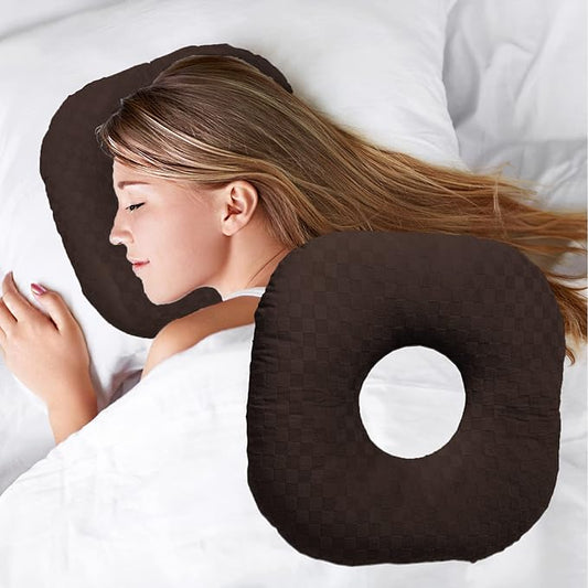 Ear Piercing Pillow for Side Sleepers, Pillow with an Ear Hole for CNH and Ear Pain Ear Inflammation Pressure Sores, O-Shaped Side Sleeping Pillow, Ear Guard Pillow(Dark Brown)