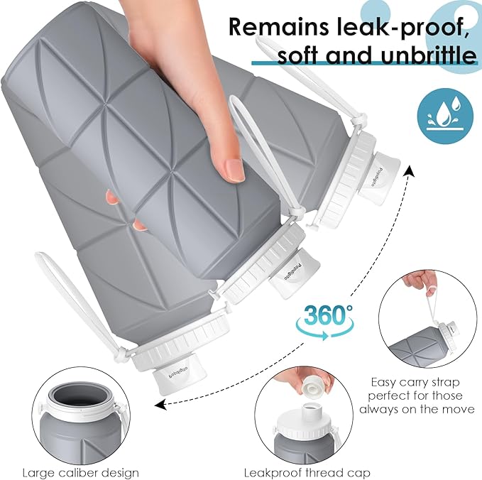 Collapsible Water Bottle Foldable Silicone Travel Water Bottle Leakproof Flexible BPA Free Portable,Folding Water Bottle Lightweight for Camping, Hiking,Sports Water Bottles Travel 23oz