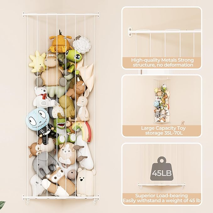 GRANNY SAYS Stuffed Animal Storage, Corner Stuffed Animal Holder for Toy Storage, Large Adjustable Length Stuff Animal Organizer, Kids Toy Shelf Organizer for Bedroom Nursery Playroom, Grey