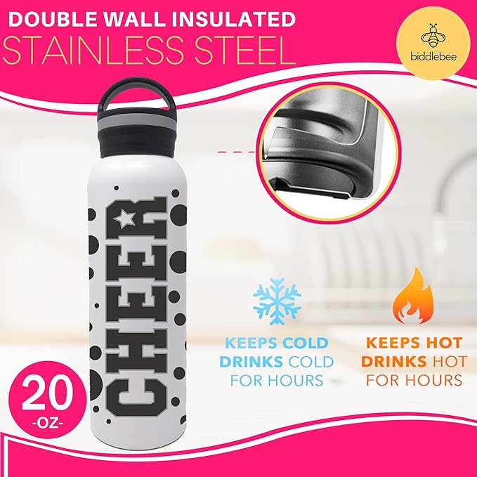 25 oz. Cheer Dance & Gymnastics Stainless Steel Water Bottle - Perfect Gifts for Cheerleaders, Dancers, Gymnasts & Coaches (Cheer Black)
